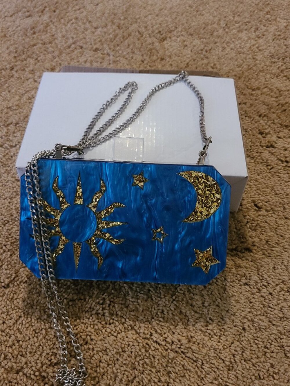 Blue Marble Celestial Acrylic Box Clutch – Sun, Moon & Stars